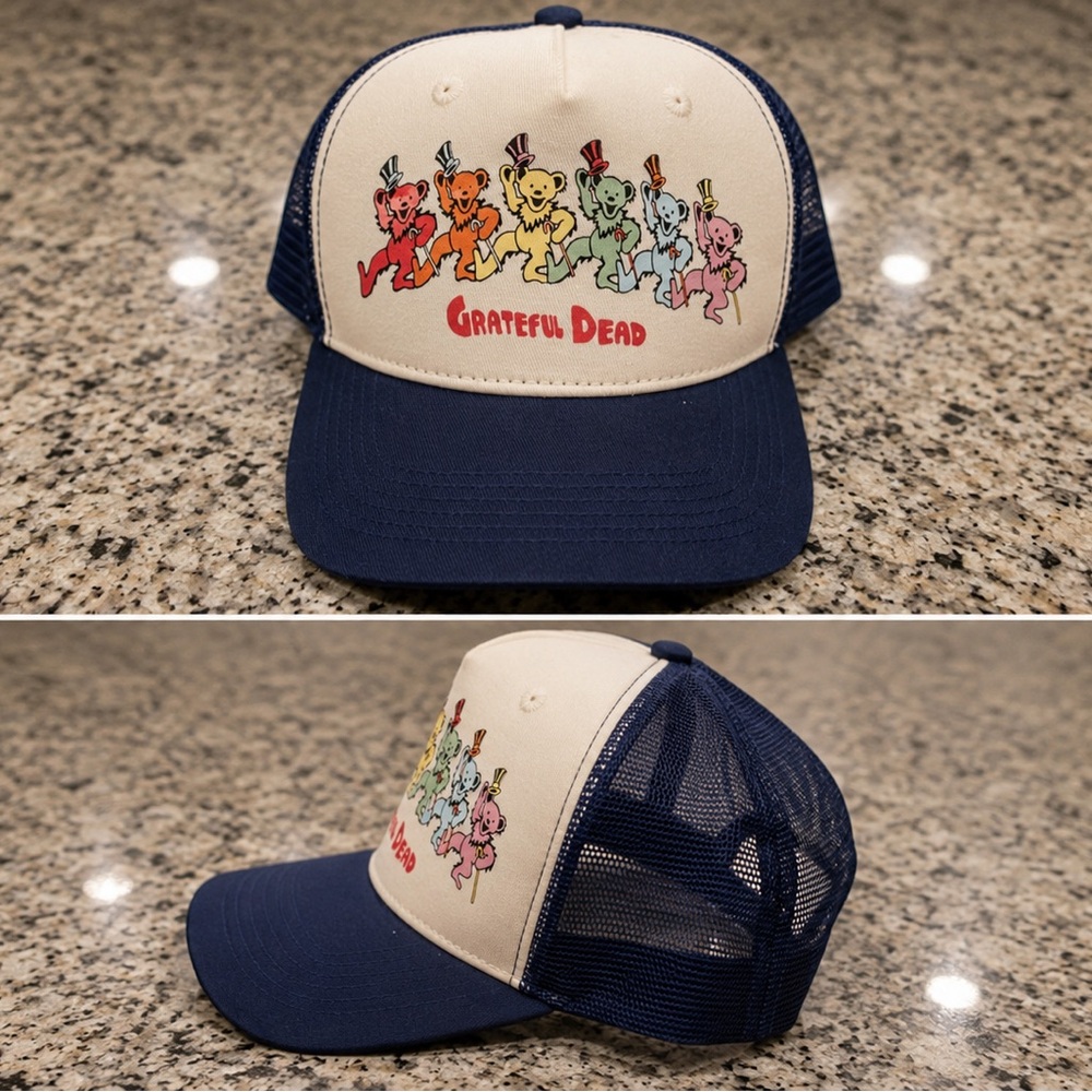 Grateful Dead Cream Front Navy Mesh Rainbow Dancing Bears Trucker Hat